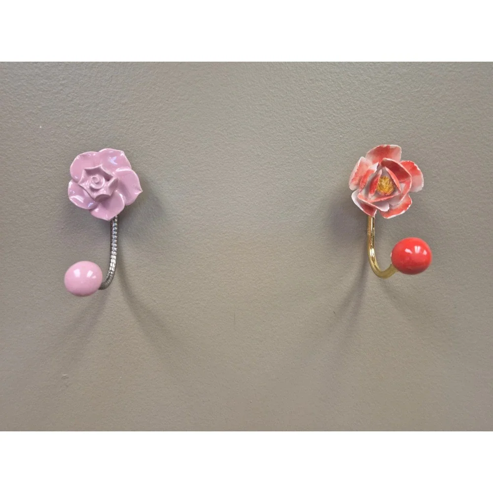 Set 2 Ceramic Flower Wall Hooks Pink Rose Red Camellia Coat Towel Hangers Decor